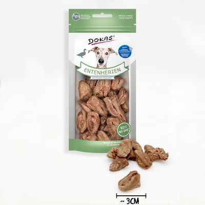 Dokas патешки сърца, лиофилизирани, 100% патешко. Повторно затваряща се опаковка, продукт тестван от SSS Institut.