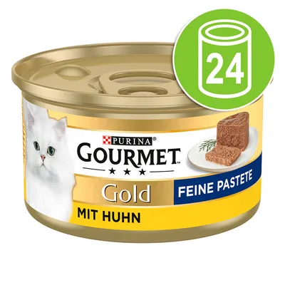 Purina Gourmet Gold Fin Paté med kyckling, burk med bild av en vit katt och paté. Grön symbol visar 24 burkar.