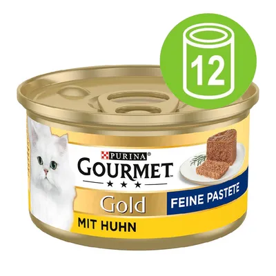 Purina Gourmet Gold Fin Paté med kyckling, burk. Bild visar produkt och information om förpackningsstorlek: 12 burkar.