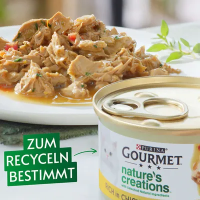 Purina Gourmet Nature's Creations, csirkehúsban gazdag, természetes összetevőkkel. Megjegyzés: újrahasznosítható csomagolás.