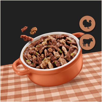 Bowl with meat chunks, next to it symbols for turkey and beef as an indication of the types of meat contained.