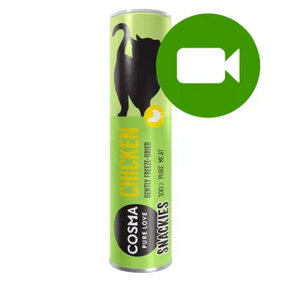 Przycisk odtwarzania wideo. Kliknij tutaj, aby obejrzeć film dotyczący produktu Cosma Snackies Chicken 100% pure meat gently freeze-dried.