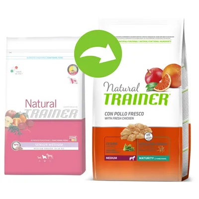 Pungi de hrană pentru câini Natural Trainer. Stânga: ambalaj roz Senior Medium, dreapta: ambalaj alb-portocaliu cu text „Natural Trainer Con Pollo Fresco With Fresh Chicken”. Săgeată verde între ele.