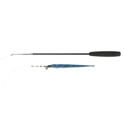 Teaser wand with black handle, metal rod and blue plush pendant with small bell.