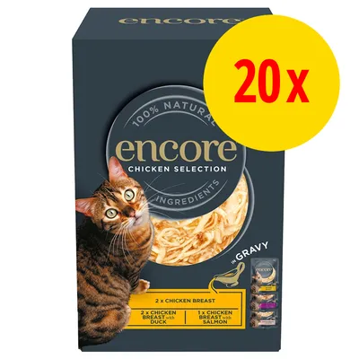 encore Chicken Selection 20x. 100% natural ingredients. 2 x chicken breast, 2 x chicken breast with duck, 1 x chicken breast with salmon. Billede af kat på emballagen.