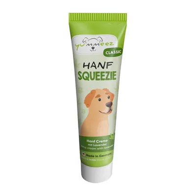 Tubo di crema yummieez Classic Hanf Squeezie, Hanf Creme mit Lavendel, Made in Germany, illustrazione di cane sulla confezione. Tubo di crema yummieez Classic Hanf Squeezie, Hanf Creme mit Lavendel, Made in Germany, illustrazione di cane sulla confezione.