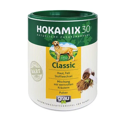HOKAMIX 30 Classic, naturlig tillskottsnäring för hundar, pulver. Text på tyska: Haut, Fell, Stoffwechsel, Mischung mit wertvollen Kräutern. Varumärke: grau.