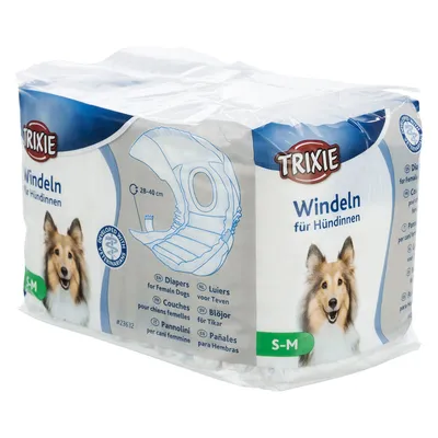 Trixie pleny pro feny, velikost S-M, obvod 28–40 cm. Vyvinuto s veterináři. Obal zobrazuje produkt a psa.