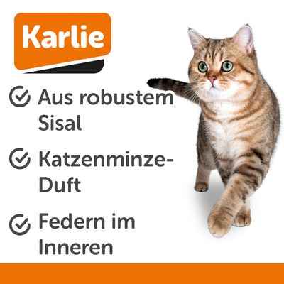 Spielball aus Seilmaterial mit rosa und weissen Akzenten, mehrere Öffnungen für interaktives Spielen.