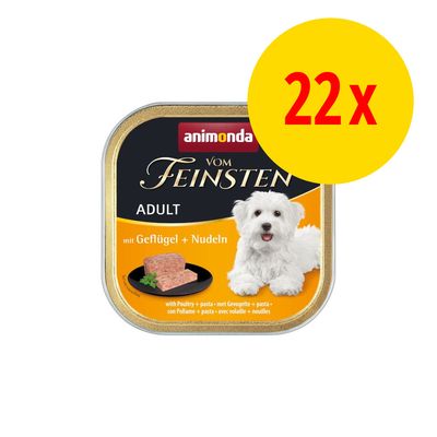 animonda vom Feinsten Adult avec volaille et nouilles, lot de 22 barquettes. Image d’un chien blanc et pâtée visible sur l’emballage.