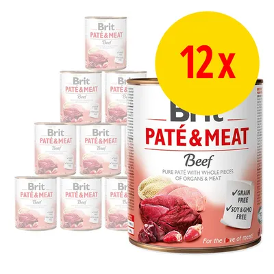 Lot de 12 boîtes Brit Paté & Meat Beef, pâté pur avec morceaux d’abats et viande. Mentions visibles : sans céréales, sans soja ni OGM. Texte en anglais sur l’emballage.