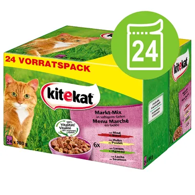 Kitekat 24 VORRATSPACK, Markt-Mix in saftigem Gelee, 24×100g. Mix s hovězím, kuřecím, jehněčím a lososem. 100% Vitalität/Vitalité. Obal zobrazuje oranžovou kočku.