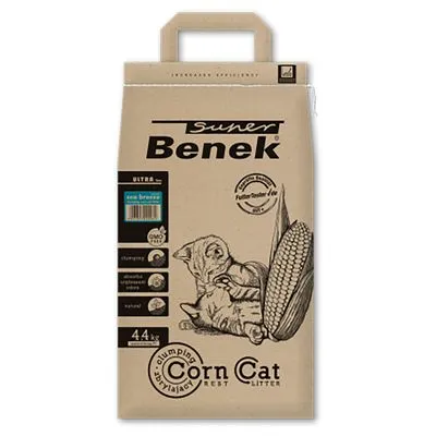 Verpakking Super Benek Corn Cat kattenbakvulling, 4,4 kg. Tekst: ultra, corn breeze, GMO free, klontvormend, absorberend, natuurlijk.