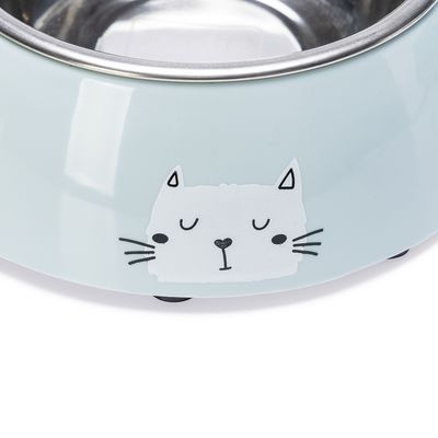 Doppelnapf aus Edelstahl mit hellgrünem Halter, Aufschrift 'Meow' und Katzenmotiv. Geeignet für Futter und Wasser.