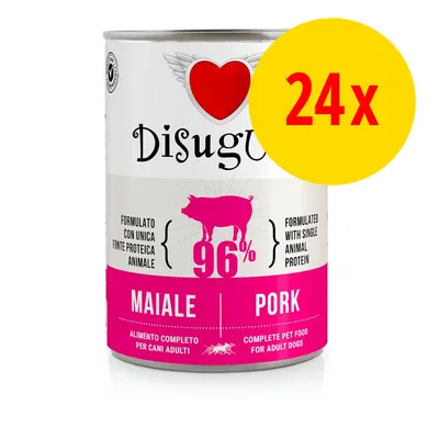 Disugual, 24x boîte pour chien adulte, 96 % porc, aliment complet, texte en italien et anglais : formulé avec une seule source de protéine animale, maiale, pork.