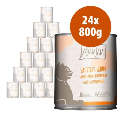 Mjamjam Saftiges Huhn an leckeren Möhrchen mit Katzenminze, confezione da 24 lattine da 800 g ciascuna. Testo in tedesco visibile sull'etichetta.
