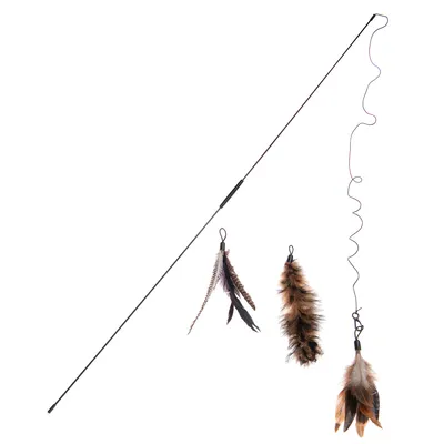 Canne à chat noire avec fil et trois jouets suspendus en plumes de différentes formes et couleurs, accessoires interchangeables visibles sur fond blanc.