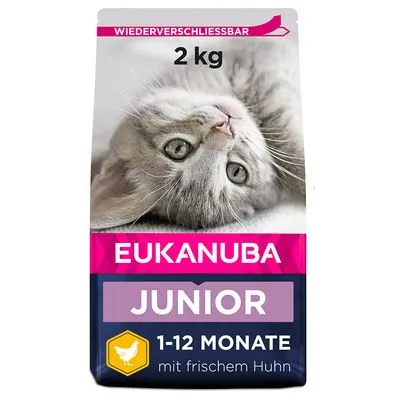 EUKANUBA JUNIOR kattenvoer, 2 kg, 1-12 MONATE, mit frischem Huhn. Tekst in het Duits zichtbaar op verpakking. EUKANUBA JUNIOR kattenvoer, 2 kg, 1-12 MONATE, mit frischem Huhn. Tekst in het Duits zichtbaar op verpakking.