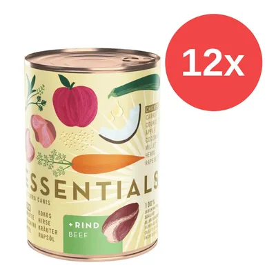 Terra Canis Essentials Nassfutter mit Rind, Karotten, Apfel, Kokos und Kräutern. Packung mit 12 Dosen.