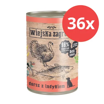Wiejksa Zagroda mokra karma dla psów, dorsz z indykiem, 96% mięsa i ryb, bez zbóż, opakowanie 36 puszek.