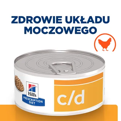 Hill's Prescription Diet c/d, puszka z etykietą i napisem 'Zdrowie układu moczowego', symbol kurczaka widoczny na obrazku.