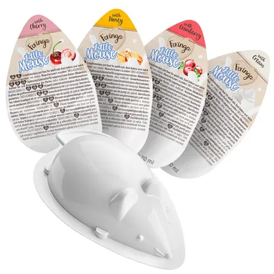 Feringa Little Mouse snack per gatti in quattro varianti: ciliegia, miele, mirtillo rosso e panna. Confezione con dettagli sugli ingredienti e ciotola bianca a forma di topo.