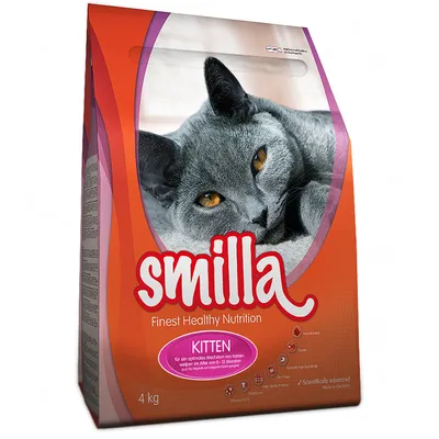 Smilla Finest Healthy Nutrition Kitten kattenvoer, 4 kg zak. Tekst: voor een optimaal groeiverloop van kattenwelpen in de leeftijd van 1–12 maanden. Bevat vitaminen en mineralen.