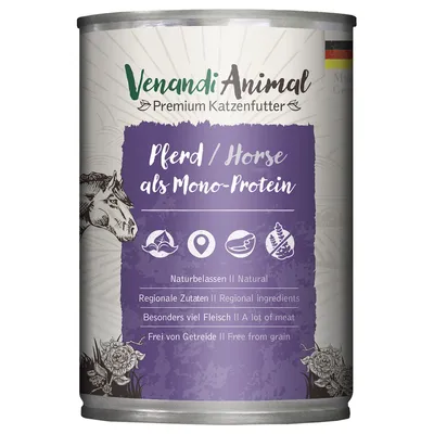 Venandi Animal Premium kattenvoer, paard als mono-eiwit. Natuurlijk, regionale ingrediënten, extra veel vlees, graanvrij.