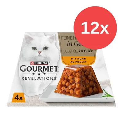 Purina Gourmet Revelations bocados en gelatina con pollo, paquete de 4 raciones. Símbolo rojo indica 12x para multipack. Purina Gourmet Revelations bocados en gelatina con pollo, paquete de 4 raciones. Símbolo rojo indica 12x para multipack.