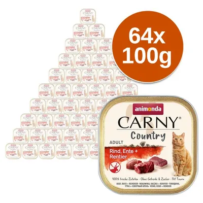 Animonda Carny Country ADULT Rind, Ente + Rentier, 64×100g. Na obalu obrázek kočky a masa, text: 100% frische Zutaten, ohne Getreide & Zucker, mit Taurin. Animonda Carny Country ADULT Rind, Ente + Rentier, 64×100g. Na obalu obrázek kočky a masa, text: 100% frische Zutaten, ohne Getreide & Zucker, mit Taurin.