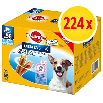 Caja de Pedigree Dentastix, big pack x56, 224 unidades. Indicado para perros de 5–10 kg. Texto visible: 'Tägliche Zahnpflege', 'Nr.1 der Tierärzte', triple acción. Caja de Pedigree Dentastix, big pack x56, 224 unidades. Indicado para perros de 5–10 kg. Texto visible: 'Tägliche Zahnpflege', 'Nr.1 der Tierärzte', triple acción.