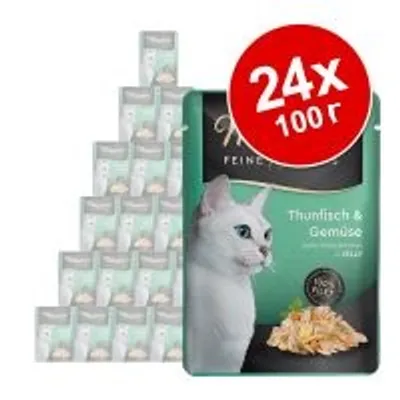 Пакетчета храна за котки с изображение на бяла котка, надпис „Thunfisch & Gemüse“, комплект 24 x 100 г, видими са множество опаковки и червен кръг с текста „24x 100 г“