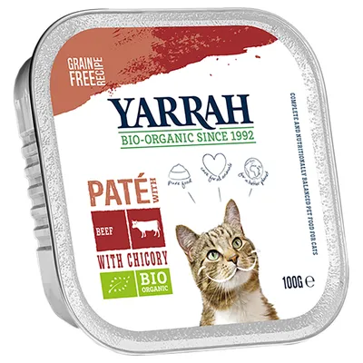 Yarrah Bio-Organic Since 1992, Paté with Beef with Chicory, Grain Free Recipe, BIO ORGANIC, 100 g. Kattebillede på emballagen. Tekst: pure food, love for all animals, a better planet.