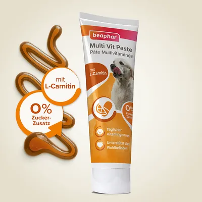 beaphar Multi Vit Paste L-karnitiinilla, 0 % lisättyä sokeria. Päivittäinen vitamiiniherkku, tukee hyvinvointia.