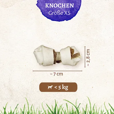Kość rozmiar XS, wymiary: ok. 7 cm x 2,8 cm, odpowiednia dla psów poniżej 5 kg.
