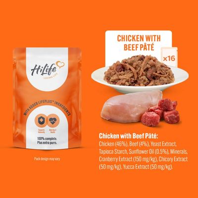 Chicken with beef pâté food pouch, bowl of pâté, chicken and beef pieces, ingredients list including chicken 46%, beef 4%, yeast extract, minerals, cranberry, chicory, yucca extracts.