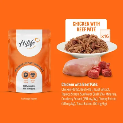 Chicken with beef pâté food pouch, bowl of pâté, chicken and beef pieces, ingredients list including chicken 46%, beef 4%, yeast extract, minerals, cranberry, chicory, yucca extracts.