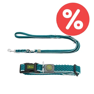 Hunter Hundehalsband und Leine in Türkis mit Rabatt-Symbol.