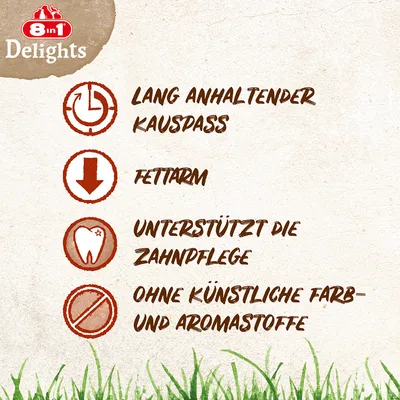 8in1 Delights. Långvarigt tuggande, fettsnålt, stödjer tandvård, utan konstgjorda färg- och aromämnen.