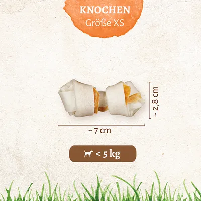 Os à mâcher taille XS, dimensions environ 7 cm x 2,8 cm. Texte en allemand : 'KNOCHEN Größe XS'. Icône chien et texte : moins de 5 kg.