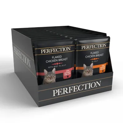 Perfection flaked chicken breast in jelly pouches, including with beef variant, labelled as 100% natural side dish. Display box shows multiple pouches.