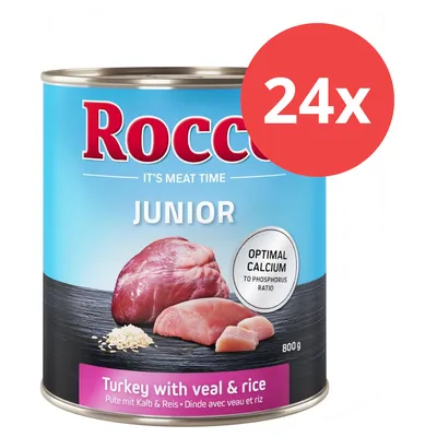 Rocco Junior comida húmeda para perros, pavo con ternera y arroz, lata de 800g, proporción óptima de calcio y fósforo. El paquete contiene 24 latas.
