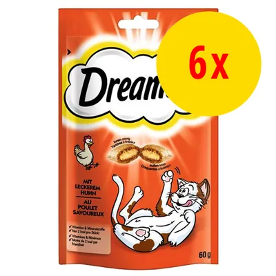 Dreamies-kissanherkut, makuna kana, 60 g pussi. Pakkauskuvassa kissa ja kana, teksti '6x' keltaisella ympyrällä. Sisältää vitamiineja ja kivennäisaineita.