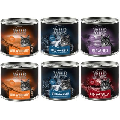 Wild Freedom cibo per gatti, lattine da 200g: White Infinity con pollo e cavallo, Strong Lands con pollo e maiale, Clear Lakes con pollo e trota. Ricetta 100% senza cereali.
