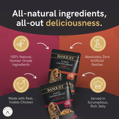 Product features: 100% natural, human-grade ingredients; absolutely zero artificial nasties; made with real, visible chicken; served in scrumptious, rich jelly.