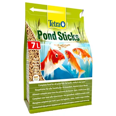 Confezione Tetra Pond Sticks 7L, mangime completo per pesci da laghetto. Immagine di bastoncini, pesci rossi e testo multilingue: salute, vitalità e acqua cristallina. Confezione Tetra Pond Sticks 7L, mangime completo per pesci da laghetto. Immagine di bastoncini, pesci rossi e testo multilingue: salute, vitalità e acqua cristallina.
