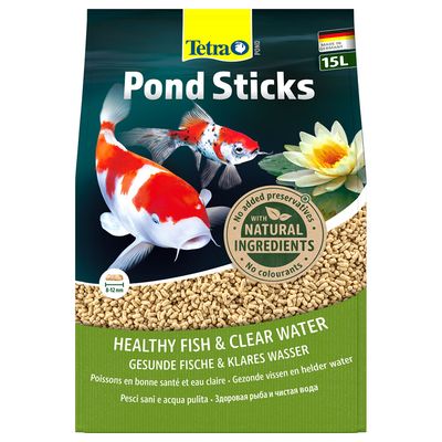 Tetra Pond Sticks 15L, with natural ingredients, no added preservatives, no colourants. Healthy fish & clear water. Made in Germany. Pellet size 8–12 mm visible on pack.
