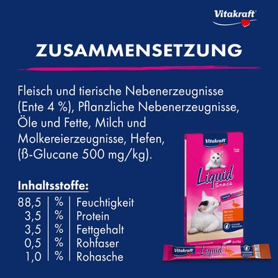 Vitakraft Liquid Snack mit Ente, ohne Farb- und Konservierungsstoffe, enthält Beta-Glucane. Packung mit 6 x 15g. Niedriger Kaloriengehalt.