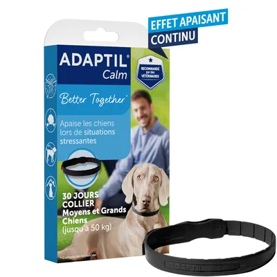 ADAPTIL Calm collier pour chiens moyens et grands (jusqu’à 50 kg), effet apaisant continu, recommandé par des vétérinaires, 30 jours d’utilisation, texte en français visible sur l’emballage.