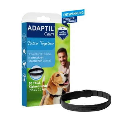 ADAPTIL Calm halsband en verpakking, tekst: 'Unterstützt Hunde in stressigen Situationen überall', '30 Tage Kleine Hunde (bis zu 15 kg)', zwarte kunststof halsband zichtbaar.
